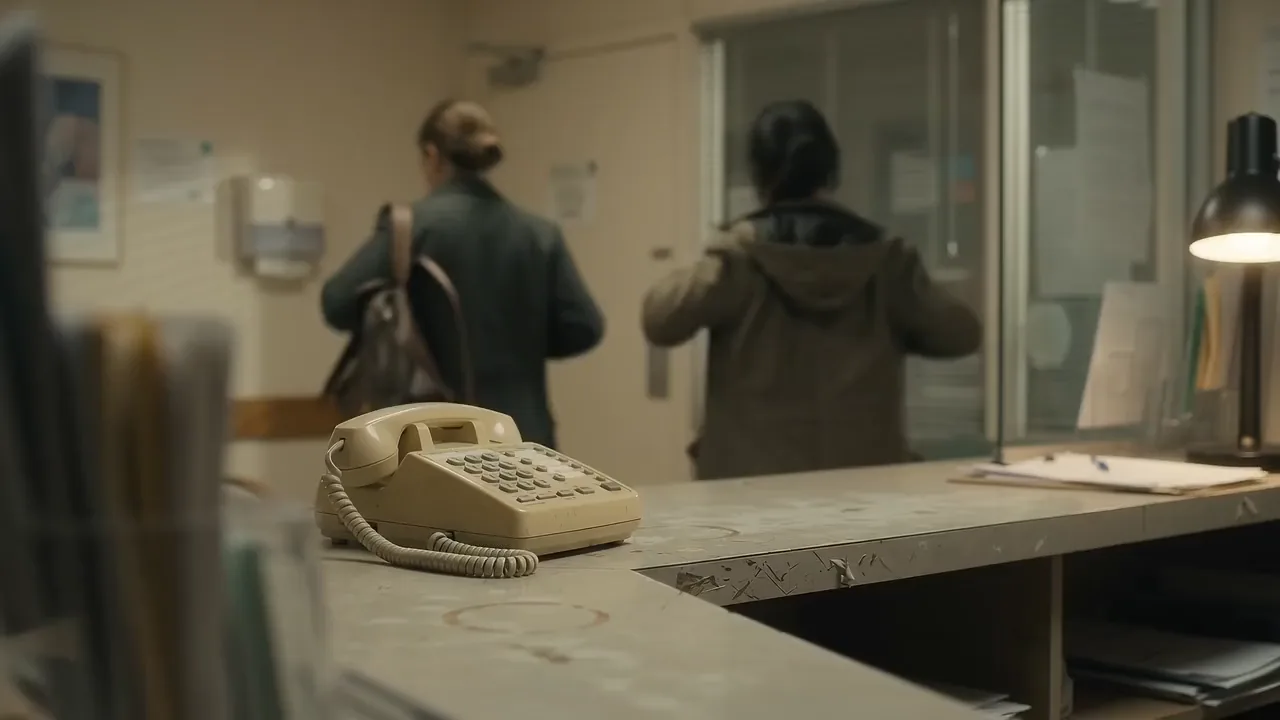 Two staff at a suburban medical clinic pack up and leave at the end of the day. The reception phone rings behind them and neither turns around. Glass panels over the scene show the call being answered, a fully booked Thursday rejected, a Wednesday 4:15 alternative found, and the appointment booked — all before the door shuts.