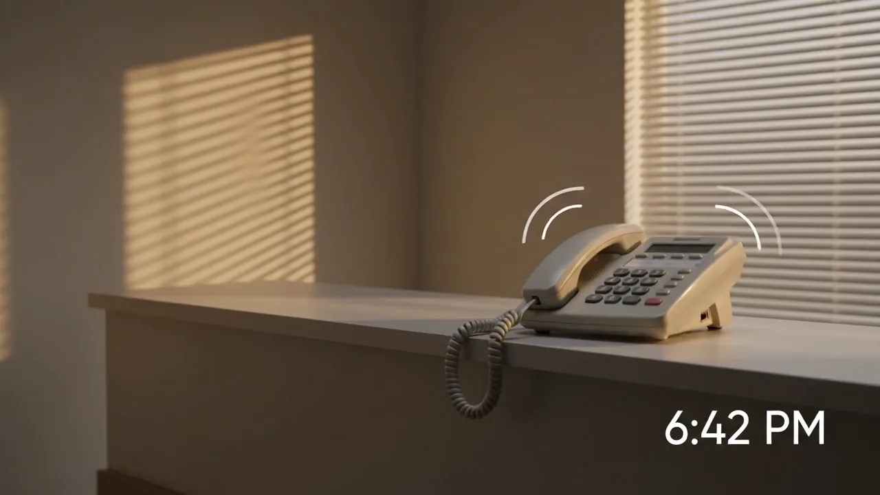 A clinic phone rings at 6:42 PM with nobody at reception. Seconds later the caller's phone receives a text asking how the clinic can help, and they reply asking for a check-up.